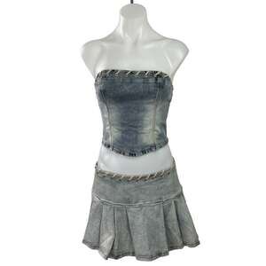 By DYLN Blue Strapless Bandeau Tube Crop Top Pleated Skirt Denim Jean 2 Pc Set S